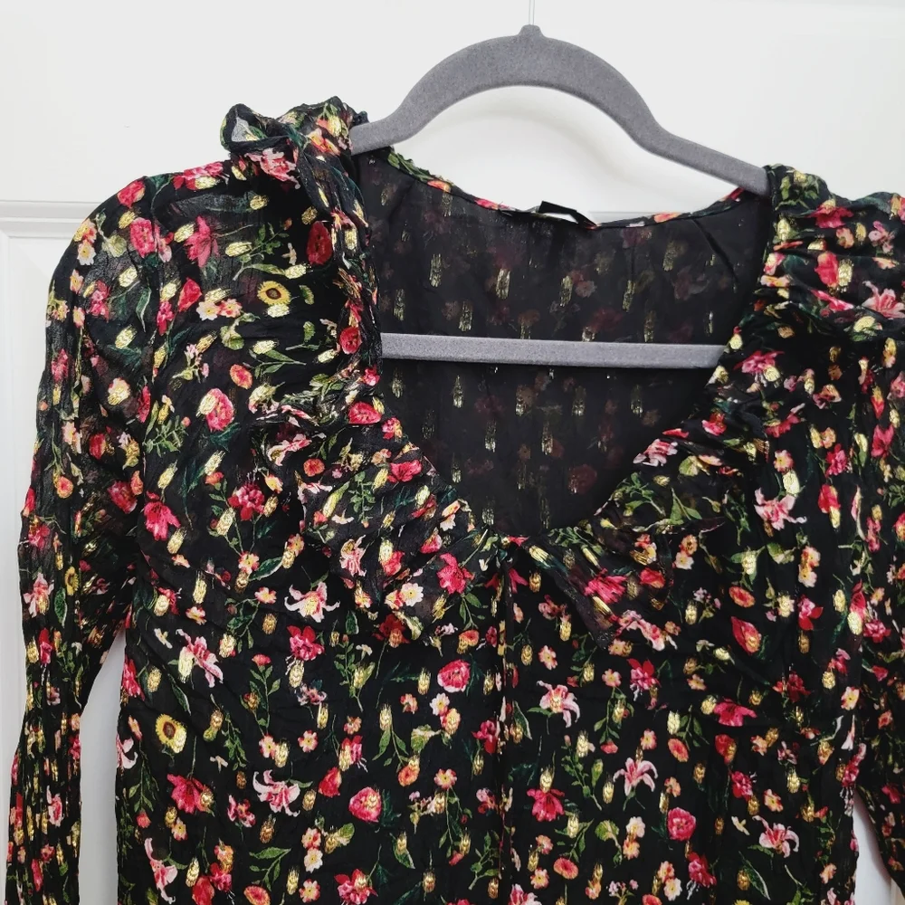 J CREW Ruffleneck top in midnight vintage floral Blouse Gold Metallic